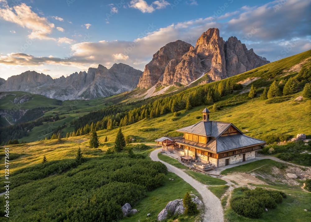 Obraz premium Majestic Mountain Pavilion: Drone View of Serene Alpine Retreat