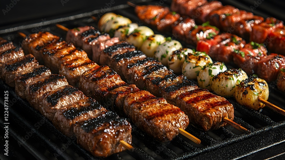 Close-Up of Grilled Meat Skewers on a Barbecue Grill: Tempting Smoky Flavors and Scrumptious Textures Close-Up of Grilled Meat Skewers on a Barbecue Grill: Tempting Smoky Flavors and Scrumptious Textures