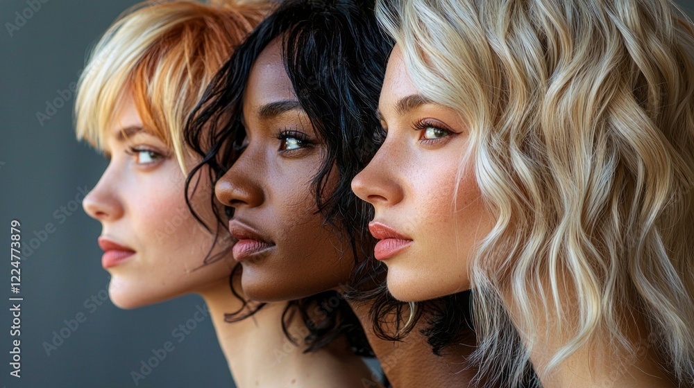 Four women stand in profile, each displaying unique hairstyles and colors, capturing a moment of diversity and unity. Their captivating features highlight the beauty of individuality Four women stand in profile, each displaying unique hairstyles and colors, capturing a moment of diversity and unity. Their captivating features highlight the beauty of individuality