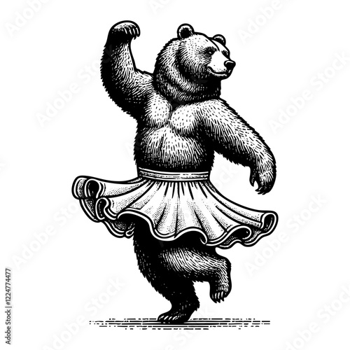 Bear wear skirt sketch engraving black and white outline. Scratch board imitation.  illustrated in vintage line art style on a white background.
