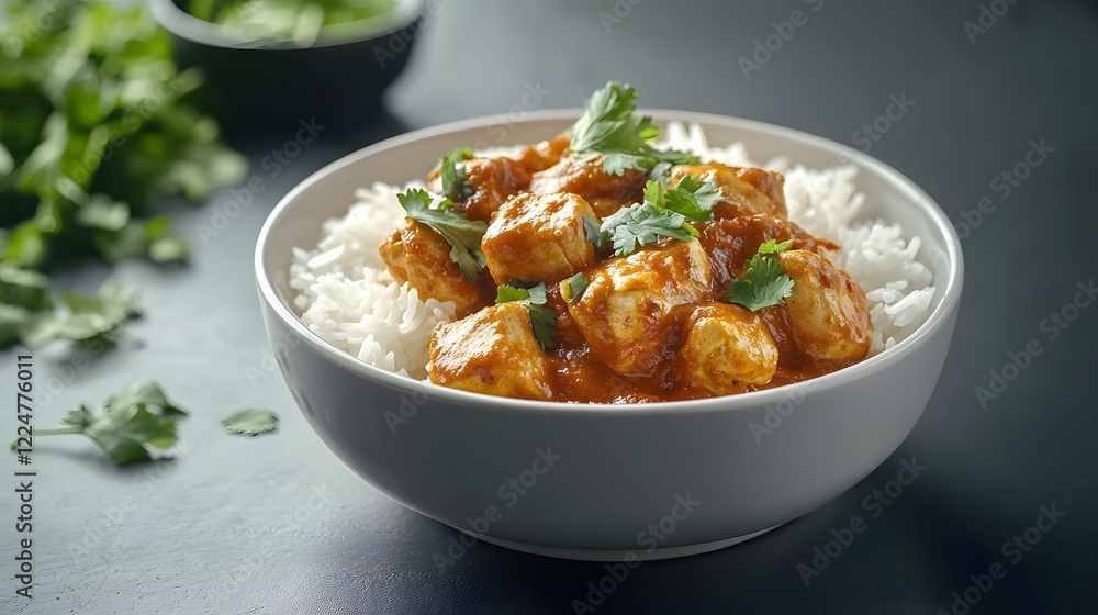 A Captivating Scene of Aromatic Chicken Tikka Masala Accompanied by Fluffy Basmati Rice and Fresh Coriander A Captivating Scene of Aromatic Chicken Tikka Masala Accompanied by Fluffy Basmati Rice and Fresh Coriander