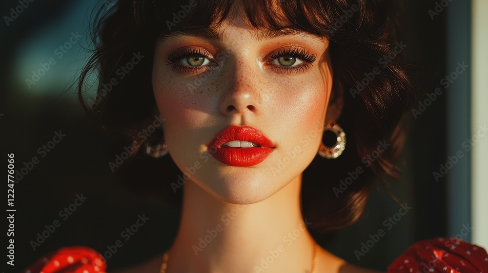 Fototapeta premium Close Up Portrait Of A Woman With Red Lipstick And Glitter Makeup