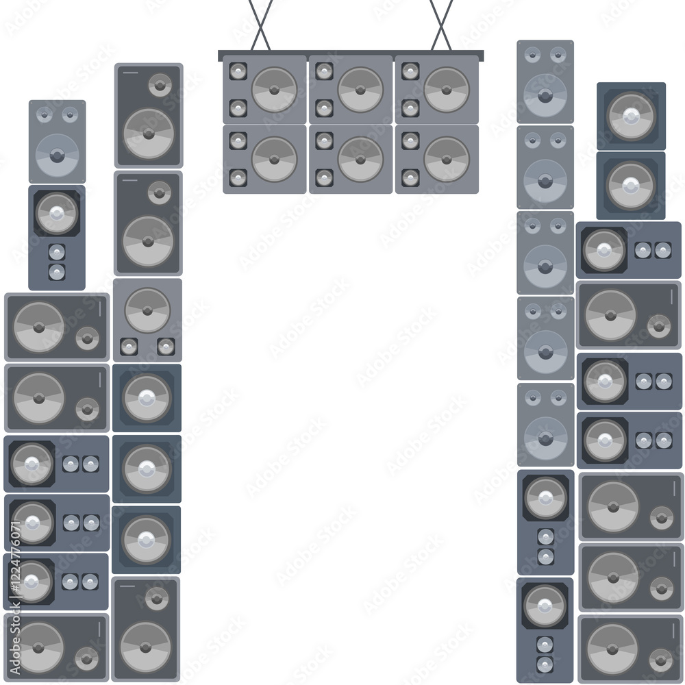 Obraz premium Concert stage scene ready to rock with huge towers of sound speakers. Transparent PNG graphic.
