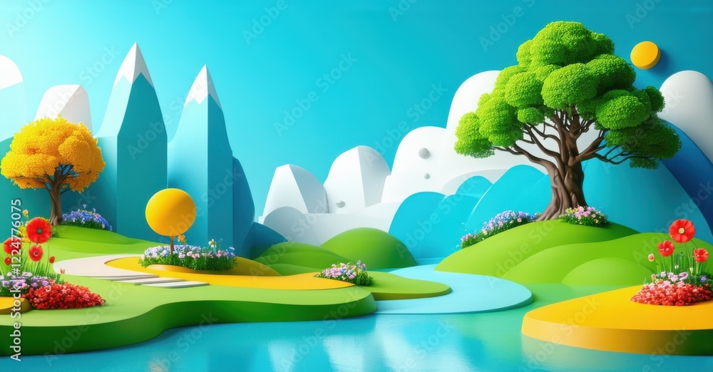 Naklejka premium Lush green hills, colorful flowers, winding path leading to blue mountains with snowy peaks under bright sky with fluffy clouds, warm sunlight, vibrant contrast, serene atmosphere