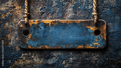 Aged metal sign hanging by rope on distressed blue wooden surface with peeling paint texture