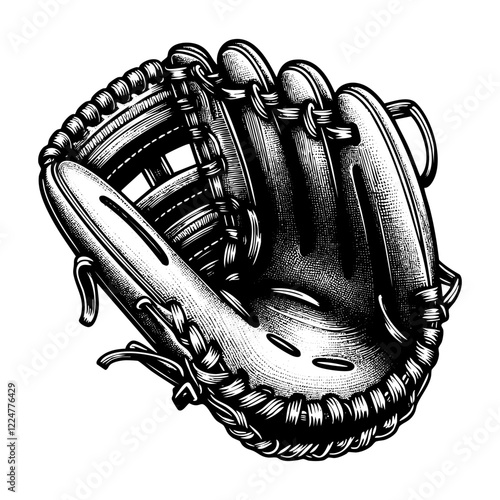 Baseball glove sketch engraving black and white outline. Scratch board imitation.  illustrated in vintage line art style on a white background.