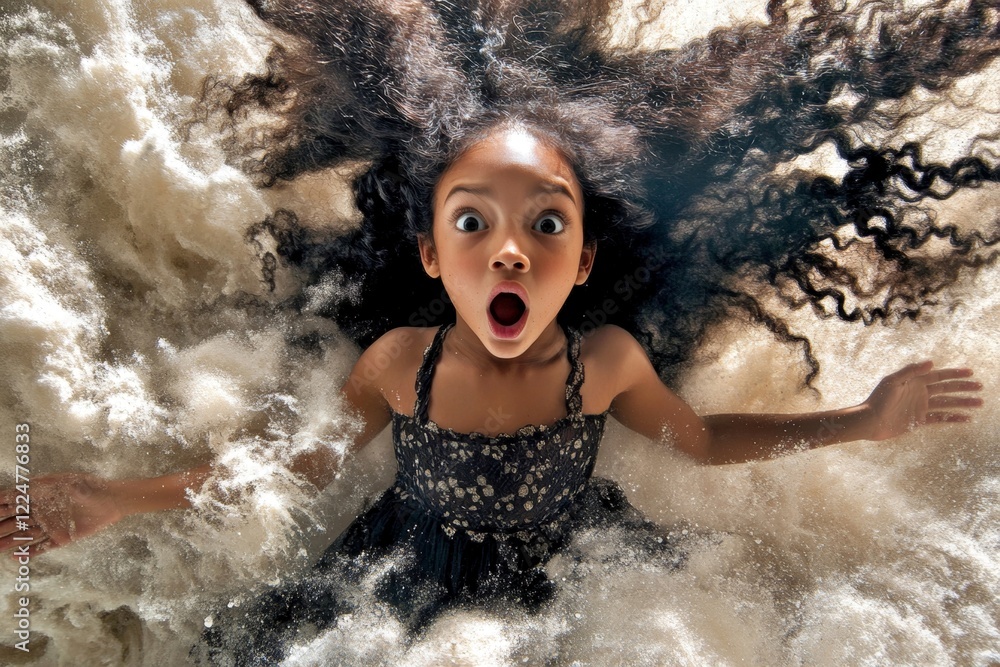 Obraz premium Commercial commercial graphic picture. Long haircut - afro hair. Gorgeous very shocked mixed-race girl - for ads, banner and social media use. African elegance hair trends. Long hair models.