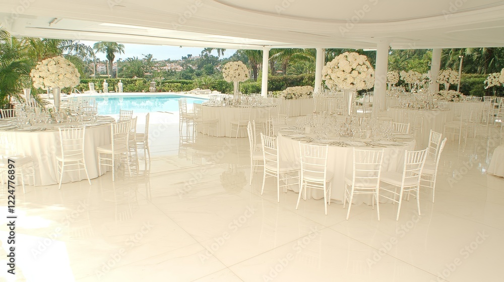 Fototapeta premium Elegant White Wedding Reception by Poolside