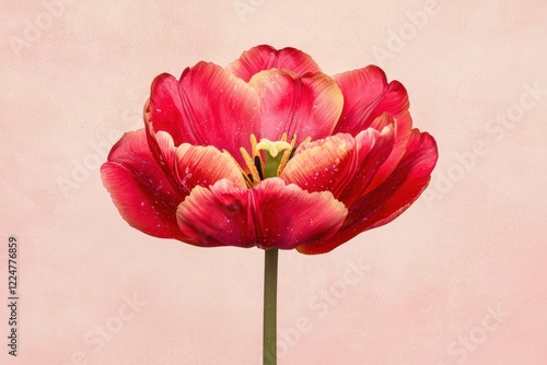Closeup of a Vibrant Red and Pink Tulip Blossom with Water Droplets