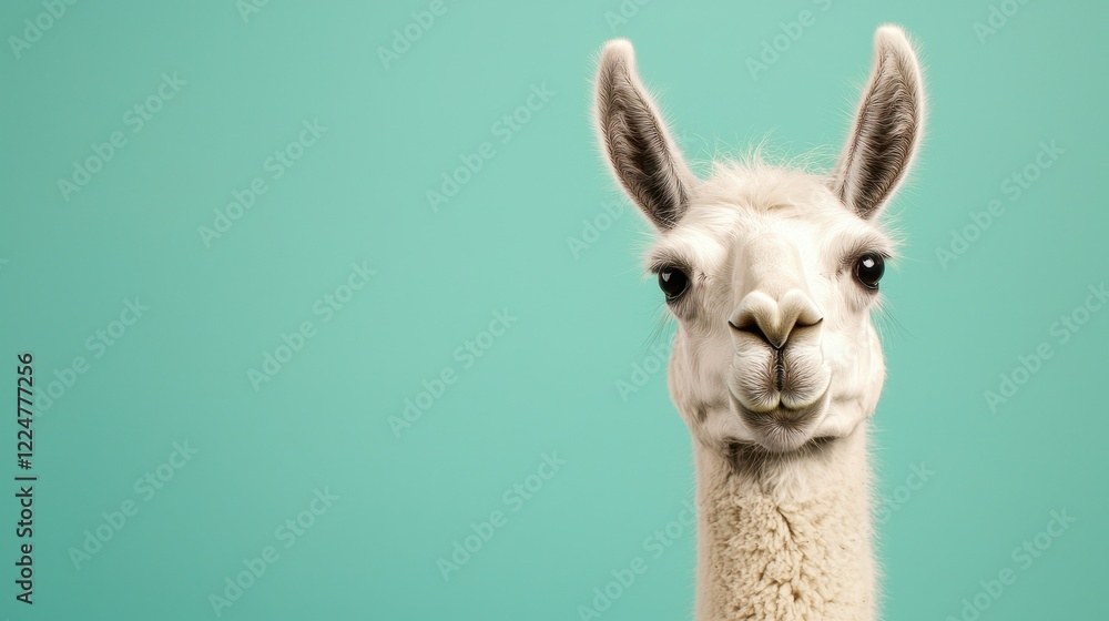Obraz premium Closeup Portrait of a Fluffy White Llama Against a Teal Background