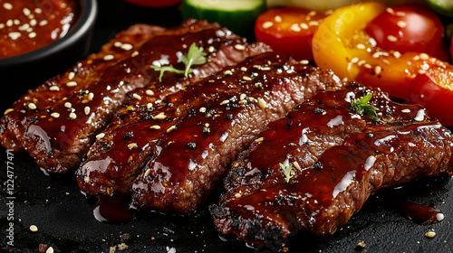 Close-up of steak drizzled with sauce accompaniments photo