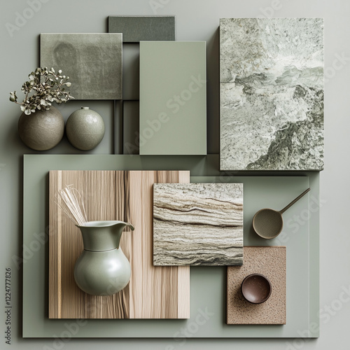 an interior design color and material mood board for a kitchen in tones of muted green with natural materials including a subtly-veined marble and a modern, scandinavian influence