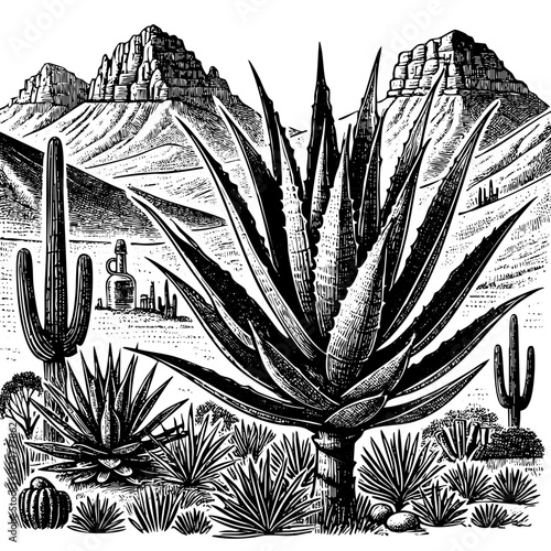 Agave sketch engraving black and white outline. Scratch board imitation.
