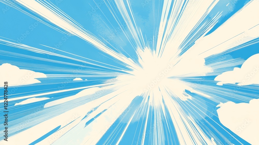 Obraz premium Blue Sunburst Pattern comic Background. Rays. Radial. Summer Banner. Pop Art Comic Book Style Image. Blank For Text