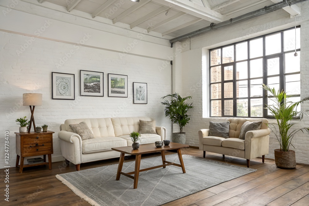 Modern Scandinavian home interior design characterized by an elegant living room featuring a comfortable sofa, mid century furniture, cozy carpet, wooden floor, white walls, and home plants Modern Scandinavian home interior design characterized by an elegant living room featuring a comfortable sofa, mid century furniture, cozy carpet, wooden floor, white walls, and home plants