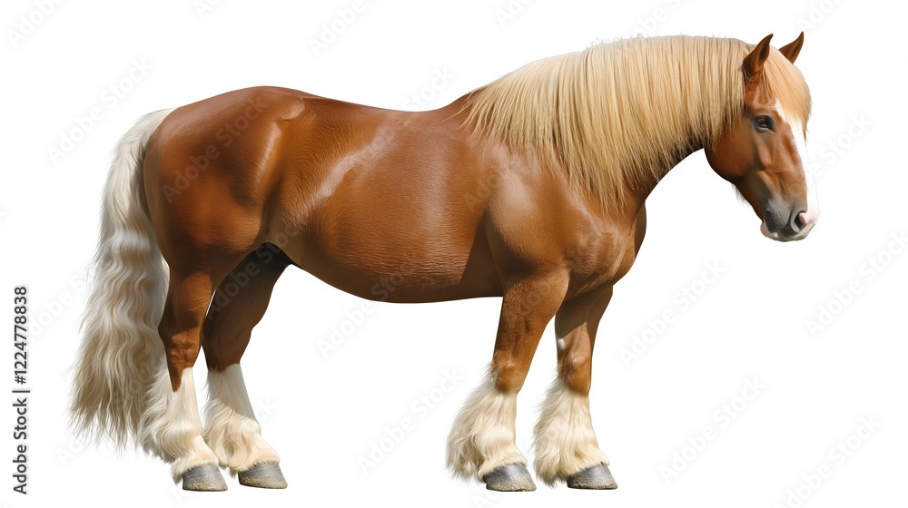 Fototapeta premium Close-up of Belgian Draft Horse with Muscular Build and Light Coat Isolated on White Background – Strong and Majestic Equine Features, Photogenic Horse Portrait