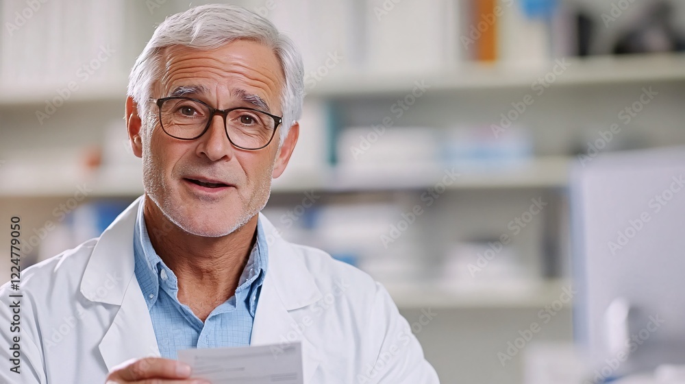 A middle-aged doctor in a lab coat holds a prescription, engaging with a patient in a modern medical office setting. A middle-aged doctor in a lab coat holds a prescription, engaging with a patient in a modern medical office setting.