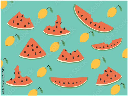 illustration with bright yellow lemons and slices of mounted red watermelon with seeds on a mint background