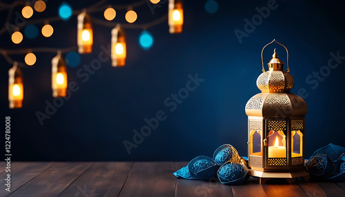 Golden Ramadan Lantern Festive Decor with Lights photo