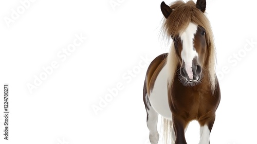 Close-up of Chincoteague Pony with Pinto Coat and Wild Spirit Isolated on White Background – Majestic Pony Features, Stunning Equine Portrait photo