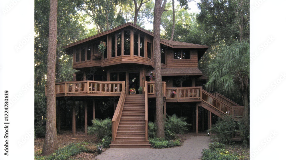 Elevated Wooden House in Wooded Area with Deck Elevated Wooden House in Wooded Area with Deck
