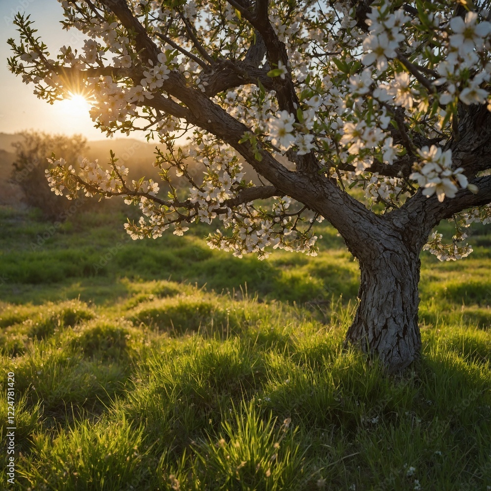 A graceful almond blossom tree glowing in the early morning sun, surrounded by soft green grass and wildflowers. A graceful almond blossom tree glowing in the early morning sun, surrounded by soft green grass and wildflowers.