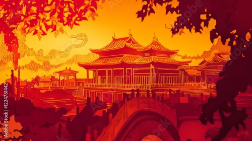 chinese traditional building with red and yellow style