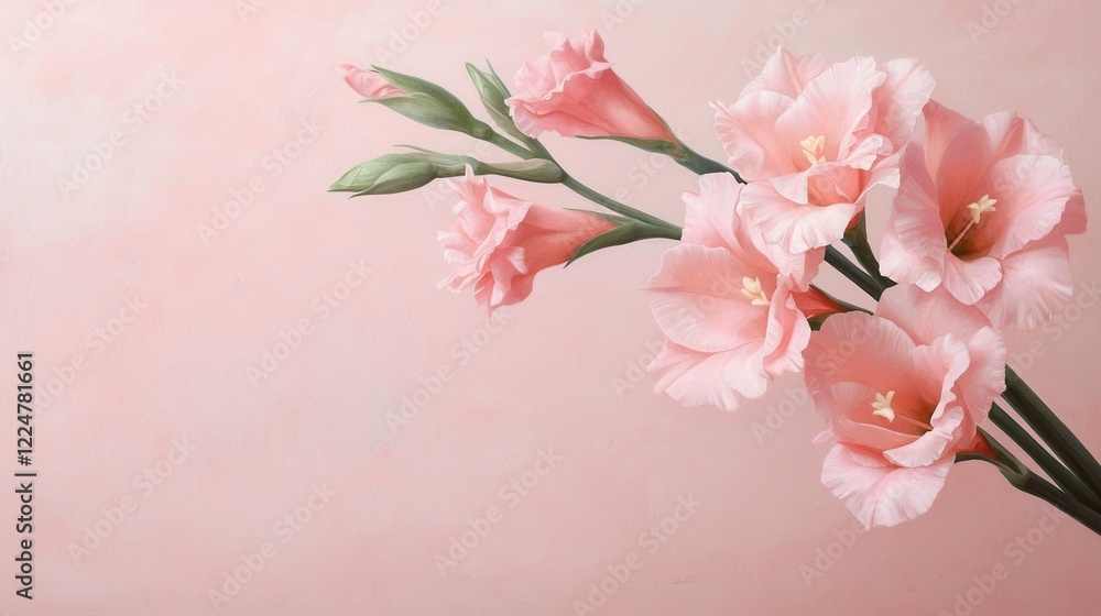 Fototapeta premium Delicate Pink Gladiolus Flowers on a Soft Pink Background