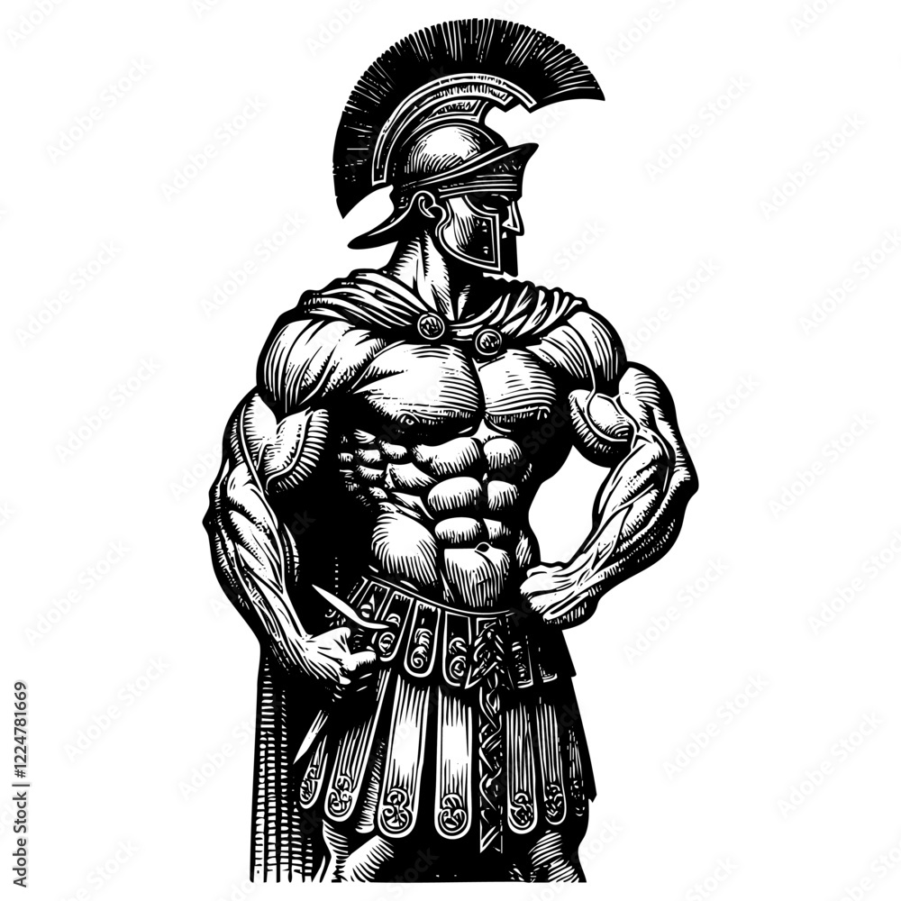 Obraz premium Spartan warrior engraving black and white outline. Scratch board imitation. illustrated in vintage line art style on a white background. 