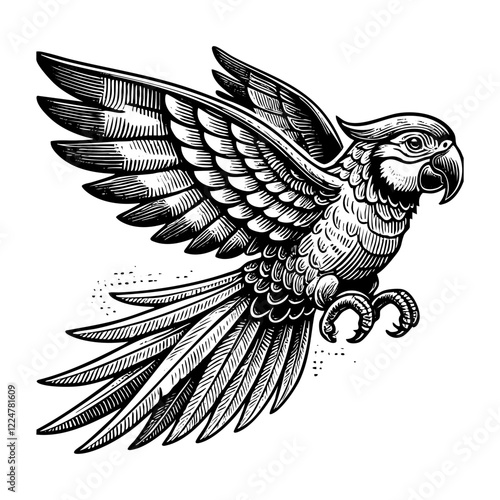 Parrot flying sketch engraving black and white outline. Scratch board imitation.  illustrated in vintage line art style on a white background.