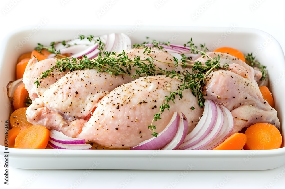 Uncooked chicken marinated in marinade and placed in a baking tray Uncooked chicken marinated in marinade and placed in a baking tray