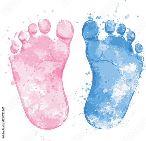 Illustration of watercolor footprints of children's footprints for gender party