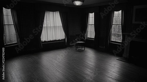 Empty Room with Chair  Windows  and Curtains in a House