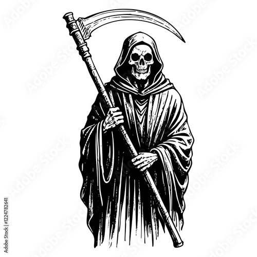 Grim reaper holding sickle sketch engraving black and white outline. Scratch board imitation.