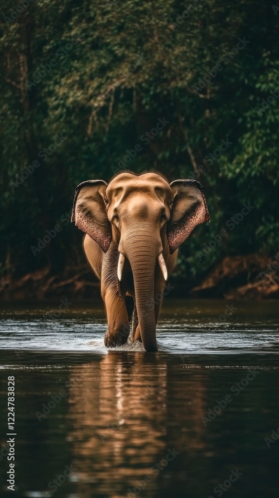 Fototapeta premium Majestic elephant walks through tranquil waters in a serene forest setting during golden hour