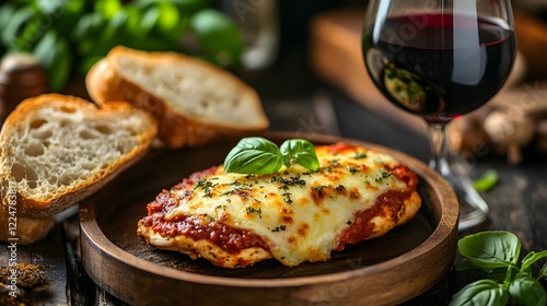 A Rustic Dining Experience Featuring Chicken Parmesan with Artisanal Bread and Wine photo