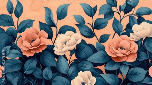 Elegant Peach and Teal Roses with Lush Green Leaves