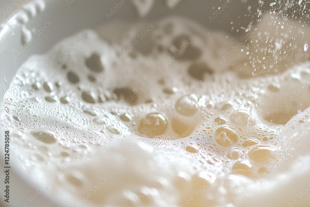 Close-up of frothy bubbles in a white bowl, capturing the essence of washing dishes in a cozy kitchen Close-up of frothy bubbles in a white bowl, capturing the essence of washing dishes in a cozy kitchen