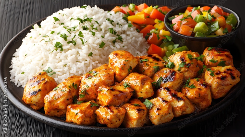An Enticing Platter of Butter Chicken with Warm Naan and Aromatic Rice, Perfectly Paired with Seasonal Vegetables for a Flavorful Experience An Enticing Platter of Butter Chicken with Warm Naan and Aromatic Rice, Perfectly Paired with Seasonal Vegetables for a Flavorful Experience