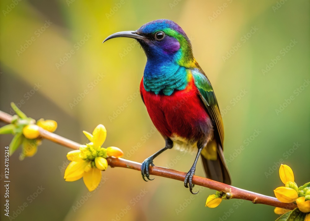 Fototapeta premium A vibrant Cinnyris pulchellus sunbird perches, a minimalist Lake Ziway portrait.
