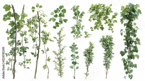 Various green climbing plants isolated on white background for botanical illustration design