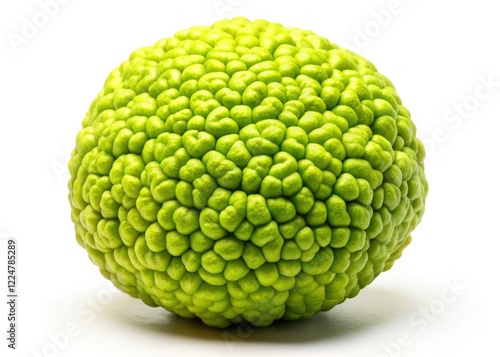 A vibrant green Osage orange, isolated on white, showcases its unique herbal botanical beauty.