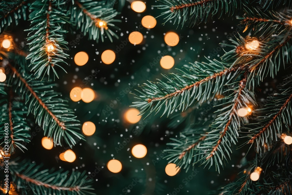 Festive Tree Branches with Glowing Lights and Falling Snow Festive Tree Branches with Glowing Lights and Falling Snow