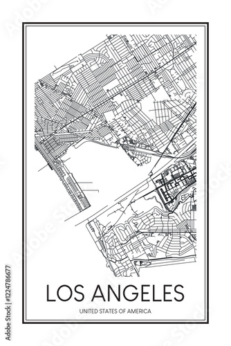 Printable downtown road map poster of the USA city of LOS ANGELES on solid white background with city name