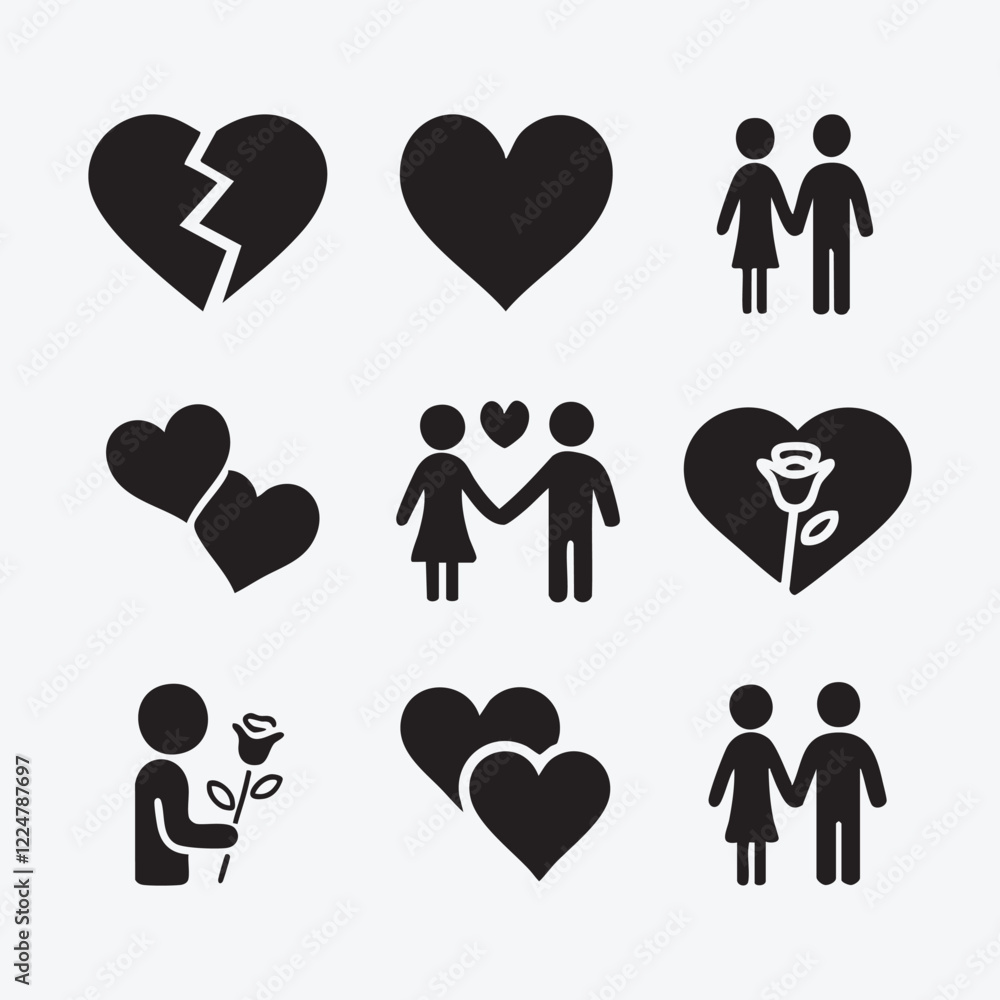 Various love icon set Silhouette Vector Style line art Various love icon set Silhouette Vector Style line art