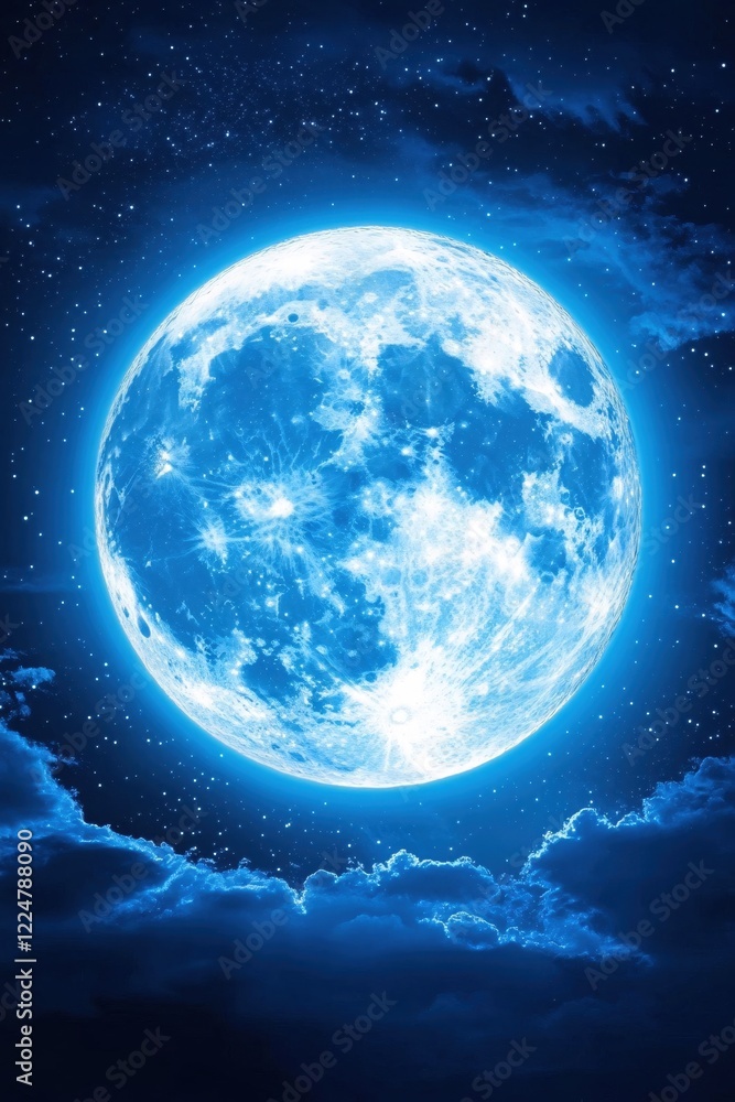 Fototapeta premium Full moon glowing bright in a dark blue night sky with stars and clouds creating a serene scene
