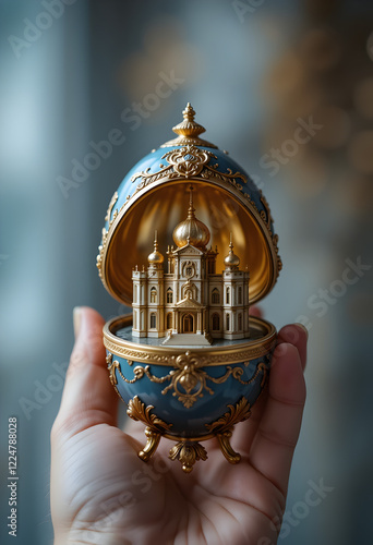 A hand is holding a Faberge egg is open showing a miniature gold palace Gatchina inside photo