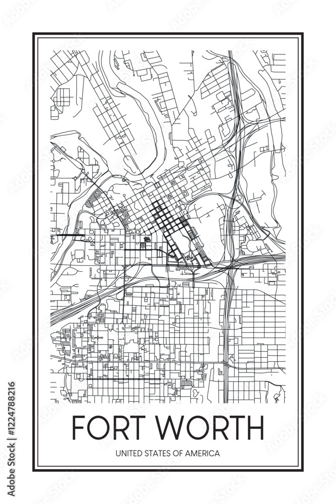Obraz premium Printable downtown road map poster of the USA city of FORT WORTH on solid white background with city name