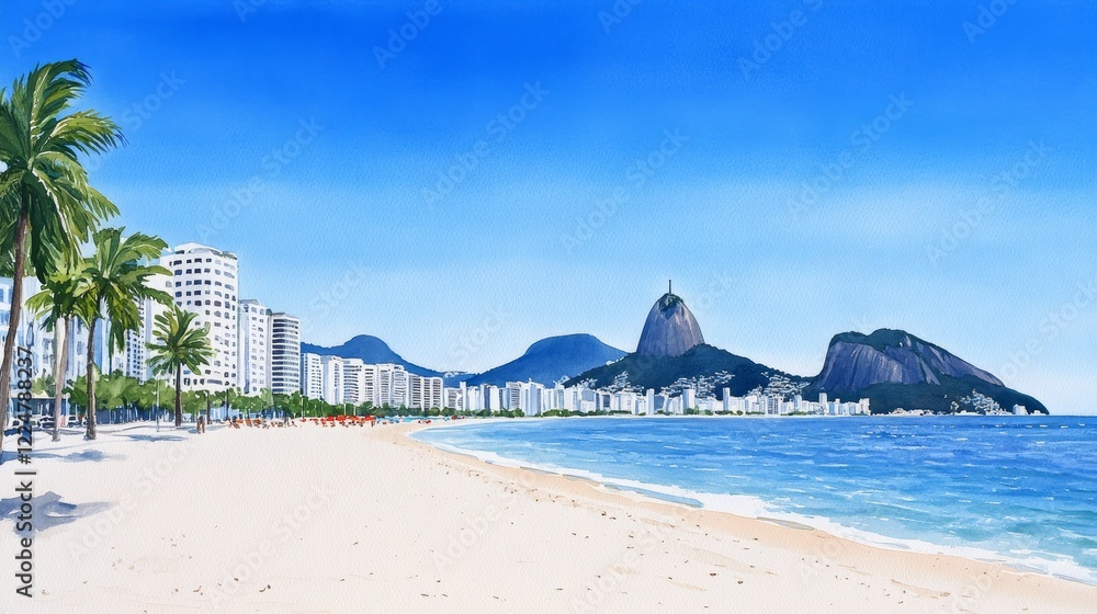 Beachfront Cityscape and Coastal Mountain Range - Stunning panoramic view of a beach city with modern buildings, palm trees, and a majestic mountain range in the background under a clear blue sky. Beachfront Cityscape and Coastal Mountain Range - Stunning panoramic view of a beach city with modern buildings, palm trees, and a majestic mountain range in the background under a clear blue sky.