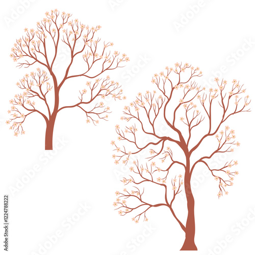 vector drawing set of flowering trees with pink flowers isolated at white background, blooming cherry trees in spring, hand drawn illustration
